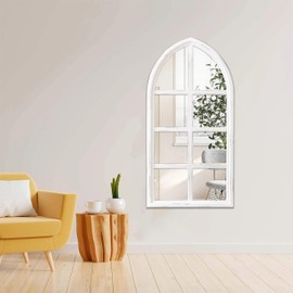 Sintosin Rustic Arched Window Mirrors for Wall Decor Living Room 18 X 36 Inch, Hanging Distressed White Cathedral Window Pane Mirror, Farmhouse Wood Framed Wall Mirrors Decorative for Hallway
