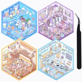 4 Sets DIY 3D Stickers Scene Cute Fun House Stickers for Adults Kids Reusable House Room Sticker Book Korean Cartoon Sticker Scene Make Your Own Supermarket Coffee Shop Funny DIY Art Set-L