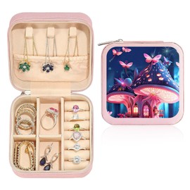 EOGOW Mushroom Theme Small Travel Jewelry Case, Pink, Whimsical, Waterproof, Zipper Closure, 4x4x2 Inches, 11 Compartments