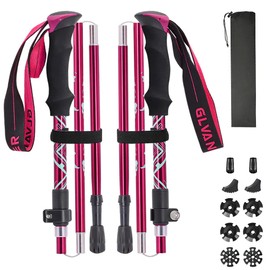 Glvaner トレッキングポール 2本セット 折りたたみ式 トレッキングステッキ クライミング 軽量A7075アルミ製 約278ｇ 5段伸縮式 ストック ウォーキングポール コンパクト 収納袋と付属品付き 男女兼用 最小32ｃｍまで小さく伸縮 お花見 アウトドア (ローズレッド)