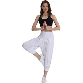 Hoerev Women Super Soft Modal Spandex Harem Yoga Pilates Capri Pants Lounge Pant,White,Medium