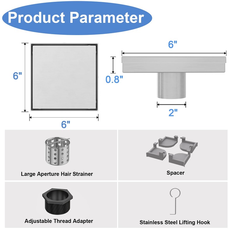 6-Inch Square Shower Drain with Tile Insert Grate, SUS 304