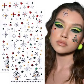4 Sheets Christmas Face Rhinestone Stickers Self Adhesive Face Jewels Temporary Sticker for Women Makeup Party Dress Up Accessories