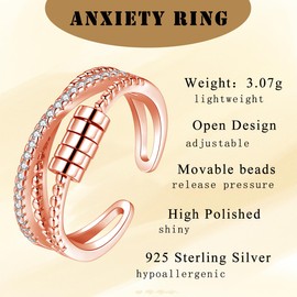 Kamise Silver Anxiety Ring, 925 Sterling Silver Anxiety Rings for Women, Hypoallergenic Bead Spinner Fidget Ring with 5 Beads, Open Three Layer Anti-Stress Rings, Decompression Rings with Gift Box,