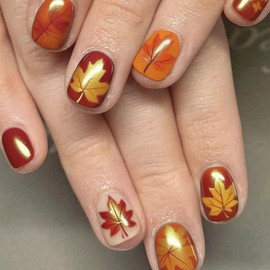 Fall Press on Nails Short Square MABKJLF Fake Nails Autumn False Nails with Maple Leaves Designs Glossy Glue on Nail Orange Red Acrylic Nails for Women Girls 24Pcs