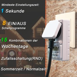 NOVKIT Digitale Zeitschaltuhr Steckdose für den Außenbereich mit 8 sekundengenaue Programme und einbruchsicheren Zufallsschaltung(230V / 16A / 3680W)