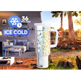 Meoky 50 oz Tumbler with Handle, Tumbler with Lid and Straw, Insulated Stainless Steel Travel Mug, 100% Leak-proof, Keeps Cold for 36 Hours or Hot for 12 Hours (Kiss)