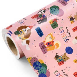 WRAPAHOLIC Dog Birthday Wrapping Paper Roll - Mini Roll - 17 Inch x 9.8 Feet - Pink Birthday Puppy Dog, Perfect for Birthday, Party, Holiday