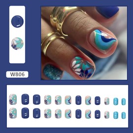Vezocim Press on Nails Coffin with Flower Designs, 24Pcs Artificial Short Blue Square Fake Nails with Glue, Full Cover Glossy Acrylic Floral False Nails, Stick on Fingernails for Women Girls(W806)