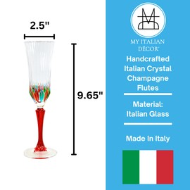 Italian Crystal Champagne Flutes, Set of 2, 6 Ounce Capacity, Demi Swatch Collection, Handpainted, Exquisite Craftsmanship, Ideal for Home Bar, [Variety Color Stem] - Made In Italy