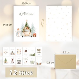 MEJOSER Pack of 12 Christmas Cards with Envelopes, A6 Postcards, Christmas Cards Set, Greeting Cards with Different Designs, Christmas Postcards Gifts