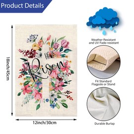YBTLhome Easter Religious Cross House Flag 12 x 18 Double Sided,He is Risen with Flowers Yard Flags for Outdoor,Holiday Decorative House Flag,Seasonal Decor for Spring Farmhouse