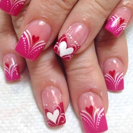 Valentine's Day Press on Nails Square Medium False Nails with Lines Polka Dots Design Heart Glue on Nails Rose Red French Tip Fake Nails Glossy Acrylic Nails Valentines Nails Press ons for Girls 24Pcs
