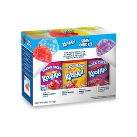 Nostalgia Kool-Aid Snow Cone Syrup Variety Pack – 3 Flavors, 16-oz Bottles: Blue Raspberry, Tropical Punch, and Grape – Paper Cups & Colored Spoon Straws – Great for Birthdays, Pool Parties, and BBQs