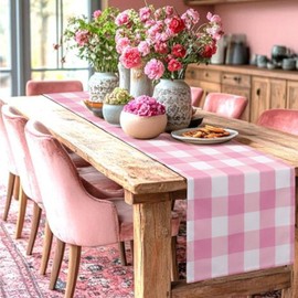 yuboo Pink Gingham Table Runner, Spring Pink and White Buffalo Check Plaid Table Cloth 72 Inches Long for Gingham Party Supplies, Rustic Farmhouse Wedding Summer Birthday Home Table Decorations