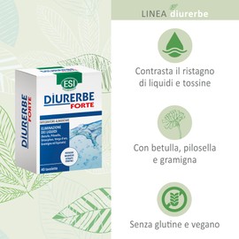 Diurerbe Forte, Integratore Alimentare a Base di Betulla, Pilosella e Gramigna, Favorisce la Diminuzione del Ristagno di Liquidi e Tossine nel Corpo, Senza Glutine e Vegano, 40 Tavolette