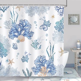Bonhause Shower Curtain Blue Coral Beach Nautical Coast Shower Curtains 180 x 180 cm Anti-Mould Waterproof Polyester Fabric Washable Bathroom Curtain for Bathroom with 12 Hooks