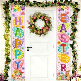 Wuhetyo Happy Easter Porch Banner with Bunny Egg tulip Party Front Door Sign Spring easter backdrops Wall Hanging Spring Decorations for Home Office Farmhouse Holiday Decor
