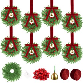 8 Set Christmas Wreath, Mini Christmas Kitchen Cabinets Wreaths with Red Ribbon & Bells, Small Hanging Holiday Wreaths Decor for Window Door Porch Wall for Xmas Decoration