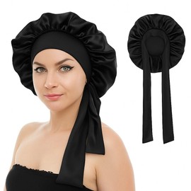 Silk Bonnet for Sleeping Women, Ajustable Hair Bonnet for Curly Hair with Tie Band Shower Caps Black，Large