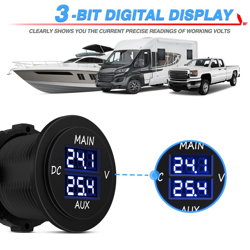 MICTUNING LED Digital Double Voltmeter, Round Panel Voltage Monitor Blue