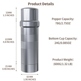 Luvan Professional Grade Pepper Grinder,External Adjustable Coarseness Manual Pepper Mill Grinder, Heavy Duty Aluminum Coarse Pepper Grinder Refillable,Spice Grinder with Stainless Steel Burrs (Gray)
