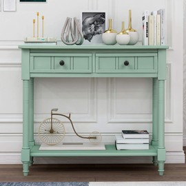 P PURLOVE Console Table Sideboard Wooden Sofa Table with 2 Drawers and Bottom Shelf for Bedroom (Tiffany Blue)