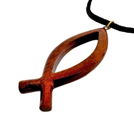 Zero Gravity Hawaii Hawaiian Jewelry Large Koa Wood Ichthus Cross Christian IXOYE Fish Pendant Necklace