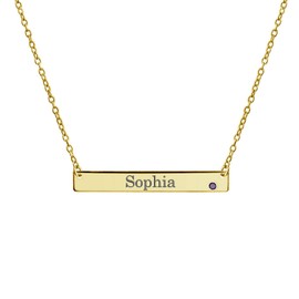 Engravable Sideways Bar Name Plated Pendant Necklace Women Lavender Birth Month Crystal 14K Gold Plated Sterling Silver