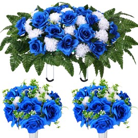 3 Pcs Artificial Cemetery Flowers for Grave Memorial Flowers Funeral Headstone Saddle Rose and White Chrysanthemum Bouquets with Vase for Mother's Day Outdoor Grave Decoration(Blue)