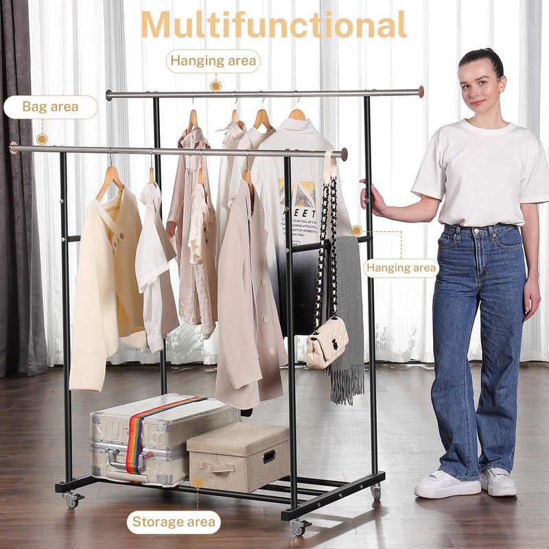 VICERII Clothes Rack, Double Clothing Rack with Wheels and Extra