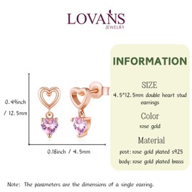 LOVANS Small Heart Stud Earrings for Women 925 Sterling Silver Double Heart Dangle Stud Earrings for Women(Rose Gold+Pink CZ)