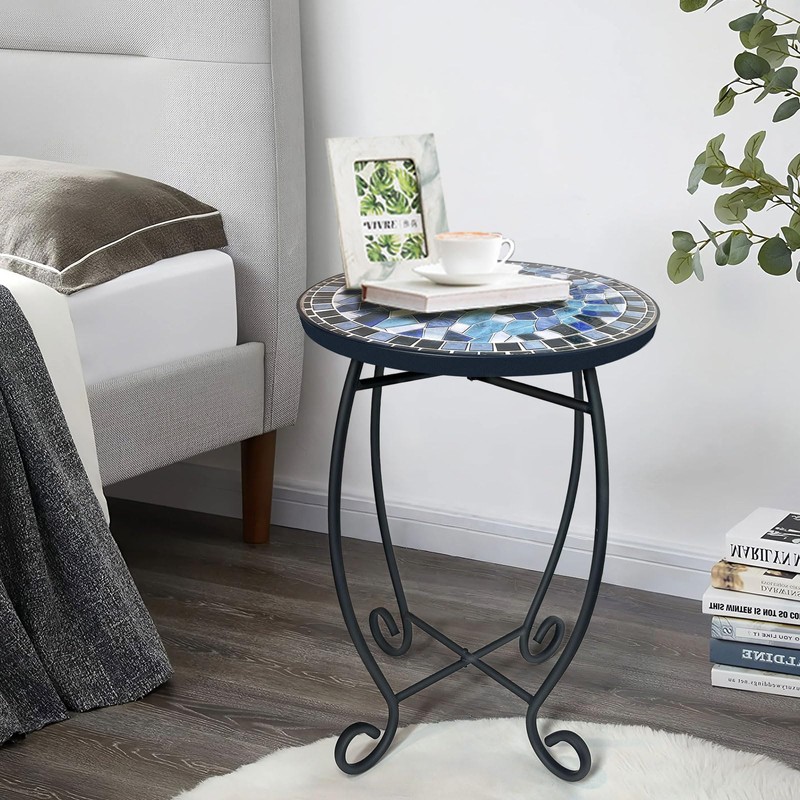 LIFFY Outdoor Side Table,12" Round Ceramic Tile Tabletop Accent Table