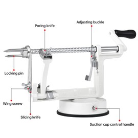 Apple Peeler, Slicer Corer Potato Peelers 3 In 1, Stainless Steel Heavy Duty Suction Cup Base And 7 Extra Blades (White)