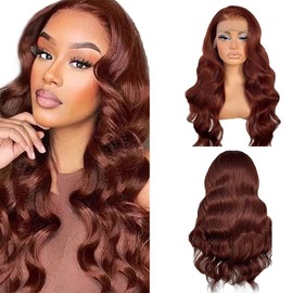 Hxxcoup Body Wave #33 Reddish Brown Human Hair Wig 13x6 Transparent Lace Front Wig 180% Density Pre Plucked Natural Hairline Real Baby Hair For Women 28 Inch