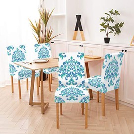 Musesh Green and Blue Royal Damask Classic Texture Luxury Ornament Chair Covers Set of 4 Stretch Removable Washable Slipcovers for Dining Room Hotel Kitchen