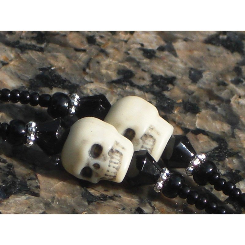 Beaded Eyeglass Chain Skulls Black Glass Seed Beads 28 inches