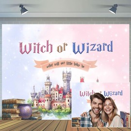 10X8ft Witch or Wizard Gender Reveal Photo Backdrop Photography Background, Magical Castle Book Owl Watercolor Backdrops Photo Booth Prop Decorations Wall Decor Tablecloth