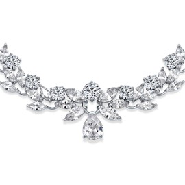 Classic Traditional Bridal Graduation Heart Shape Tear Drop AAA CZ V Chevron Front Heart Latch Clasp Statement Collar Tennis Necklace Jewellery Set Wedding Prom Silver Plated, Brass, Cubic Zirconia