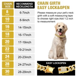 WimuPath Gold-Plated Diamond Dog Collar - Cuban Style Metal Chain with Secure Buckle, Luxury Durable Collar for Small/Medium/Large Dogs & Puppies