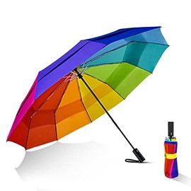 Lejorain Large Golf Umbrella Windproof - Oversized 54inch Double Layer Rainbow 10Ribs Folding Travel Umbrella Compact Auto Open Close for Rain Women/Men