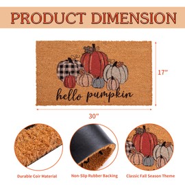 Woiqeuwr Fall Welcome Doormats Hello Pumpkin Door Mat Natural Coir Mats Non Slip Front Door Rugs for Thanksgiving Decorative Entrance Porch Outdoors 17 x 30 Inch