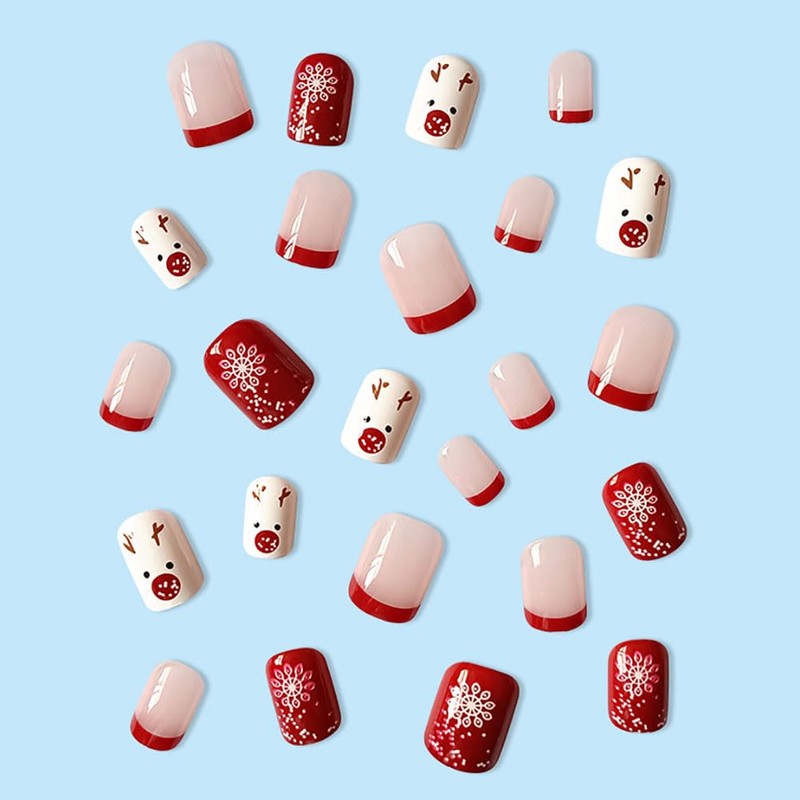 Wedity 24 Pcs Christmas False Nails Cute Santa Claus Snowflake