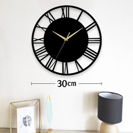 Warmiehomy Big Wall Clock 30cm Round Wall Clock Vintage Roman Numeral Silent Non-ticking Hanging Clock for Home Garden Office Restaurant Hotel Cafe Decoration, Black, Gold Pointer