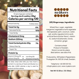 Nyakers Pepparkakor Swedish Ginger Snaps Cookies, Vegan Cookies, Dairy-Free Snacks, Gourmet Cookies, Food Gift for Holidays, Valentines, Thanksgiving - Red Tub, 10.58oz
