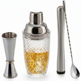 Barillio Glass Cocktail Shaker Set | 14 oz Cobbler Mixer with Bar Tools | Bartender Kit with Measuring Jigger, Mixing Spoon and Muddler | Gift Set