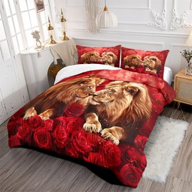 AUCOOMA Comforter Set Queen size Red Romantic Lion Comforter Set Multiple Colors Available