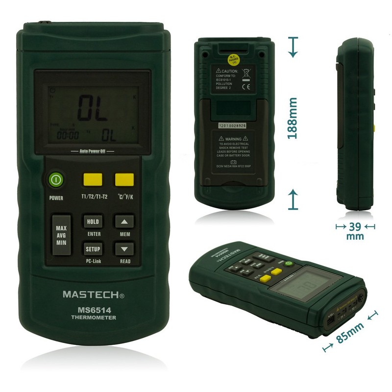 Mastech MS6514 - Termómetro digital de doble canal, registrador de