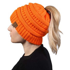 Funky Junque Messy Bun Womens Winter Knit Hat Beanie Tail - Neon Orange