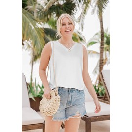 Tank Top for Women V Neck Sleeveless Casual T Shirts Loose Fit Summer Tunic Blouse Solid Color (Solid White,L)